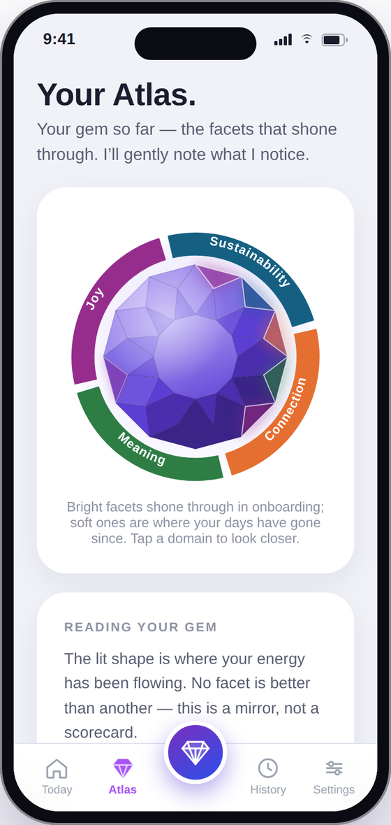 JoyFindr's Atlas screen — the gem, with the user's brightest facets lit