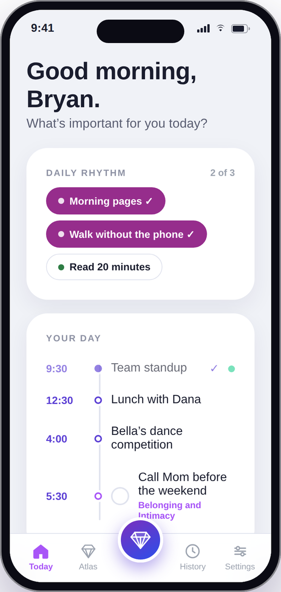 JoyFindr's Today screen — a daily rhythm, the day's schedule, and how each moment felt